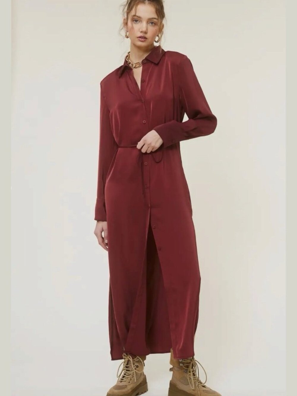Mimosa Long Fluid Satin T-Shirt Dress Color Merlot S M L Button Down Drawstring